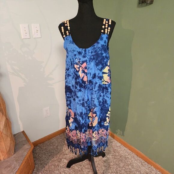 Boho Midi Bamboo J&J Tie Dye Rope Beaded Strap Dress Hawaii Sytle - Picture 1 of 6